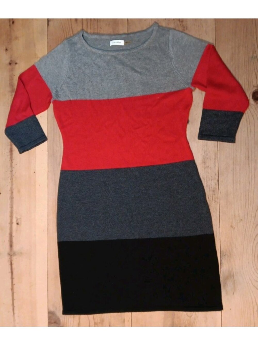 Calvin Klein Womens L Sweater Dress Colorblock Red Gray Bodycon Office Career
